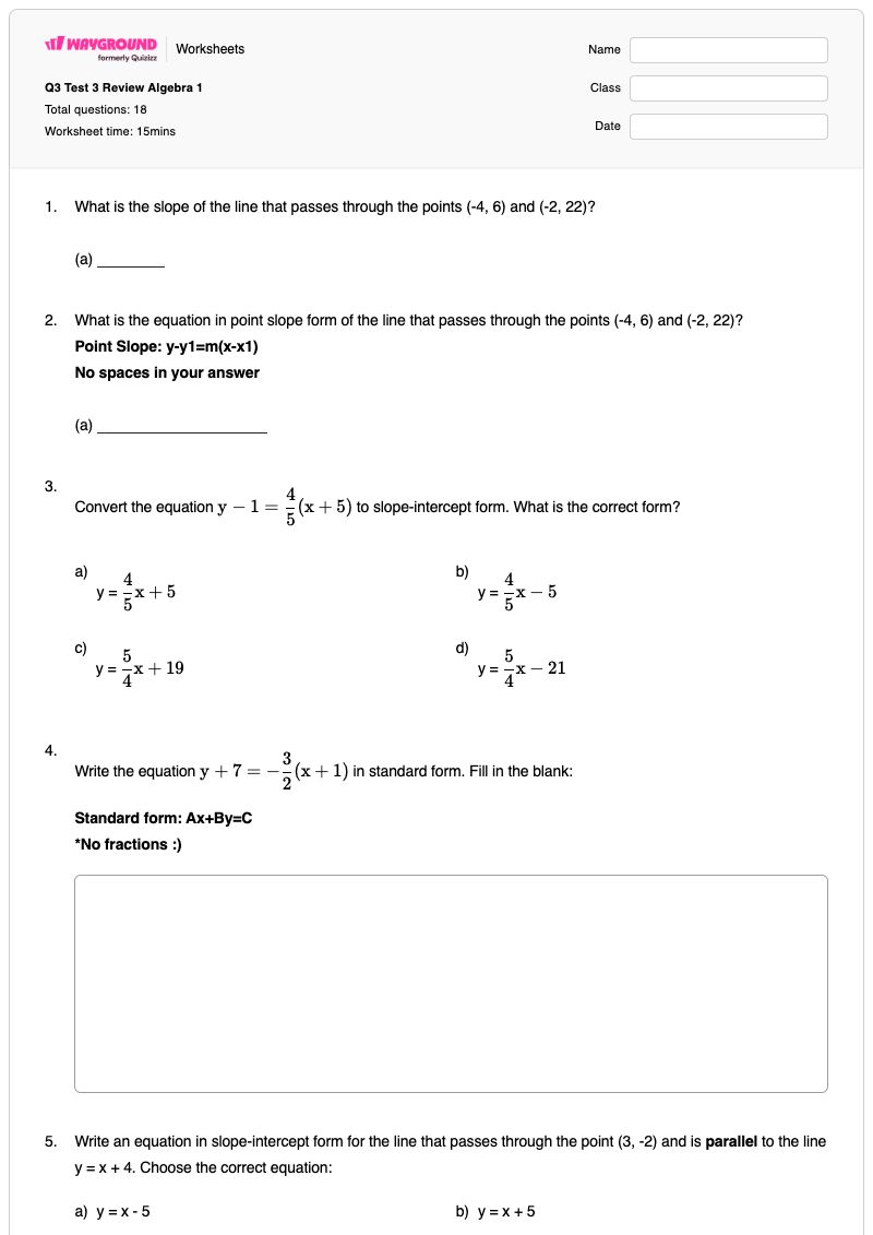 Q3 Test 3 Review Algebra 1 - พิมพ์ได้ เส้นขนานและเส้นตั้งฉาก เวิร์กชีท - Wayground