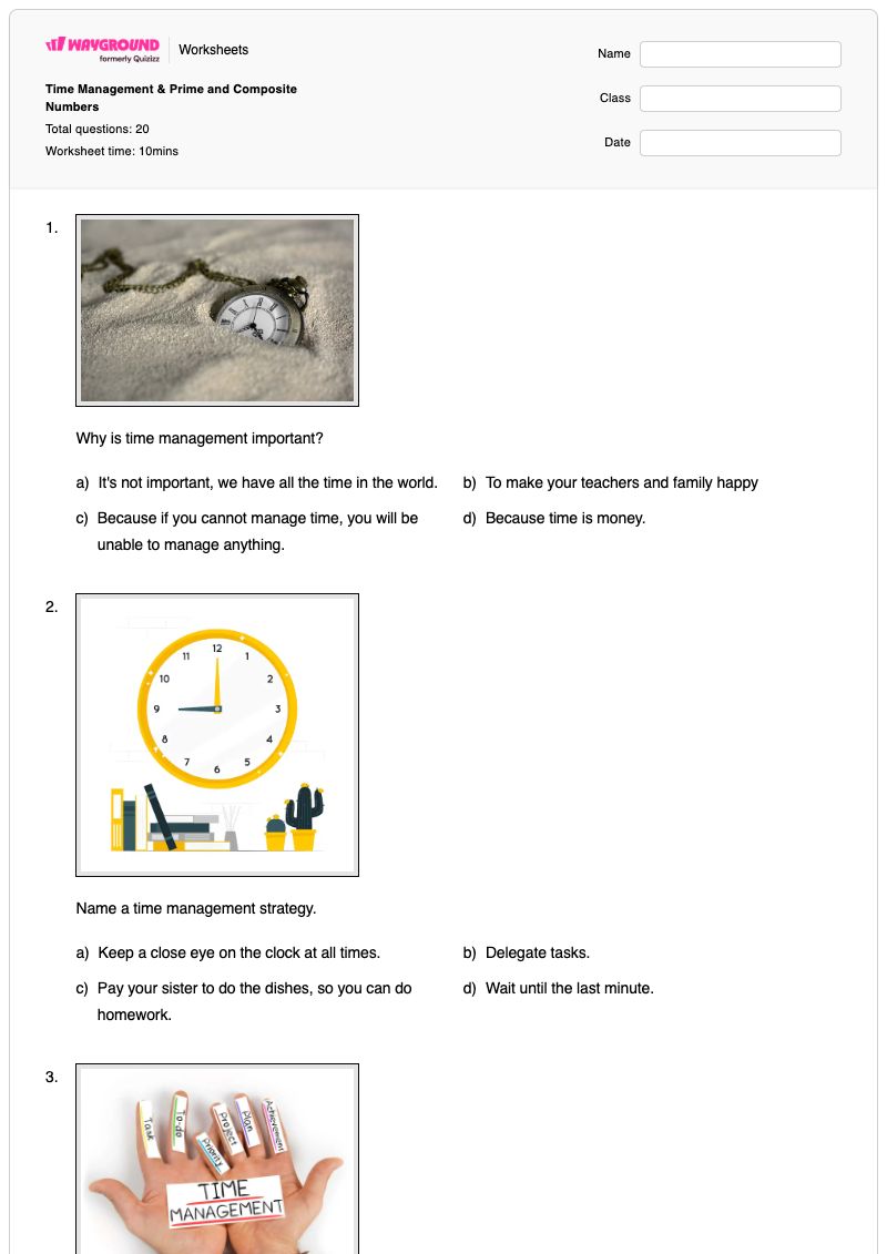 Time Management & Prime and Composite Numbers - Printable Time Worksheets - Wayground