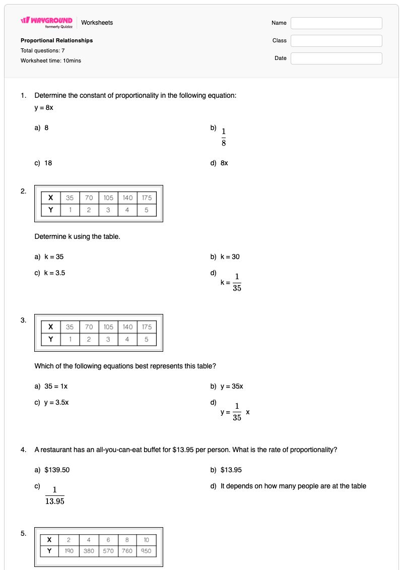 Proportional Relationships - พิมพ์ได้ ความสัมพันธ์ตามสัดส่วน เวิร์กชีท ระดับ 7 - Wayground