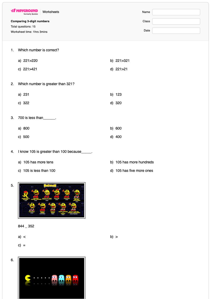 Comparing 3-digit numbers - Printable Number-comparison-more-and-less Worksheets Grade 2 - Wayground