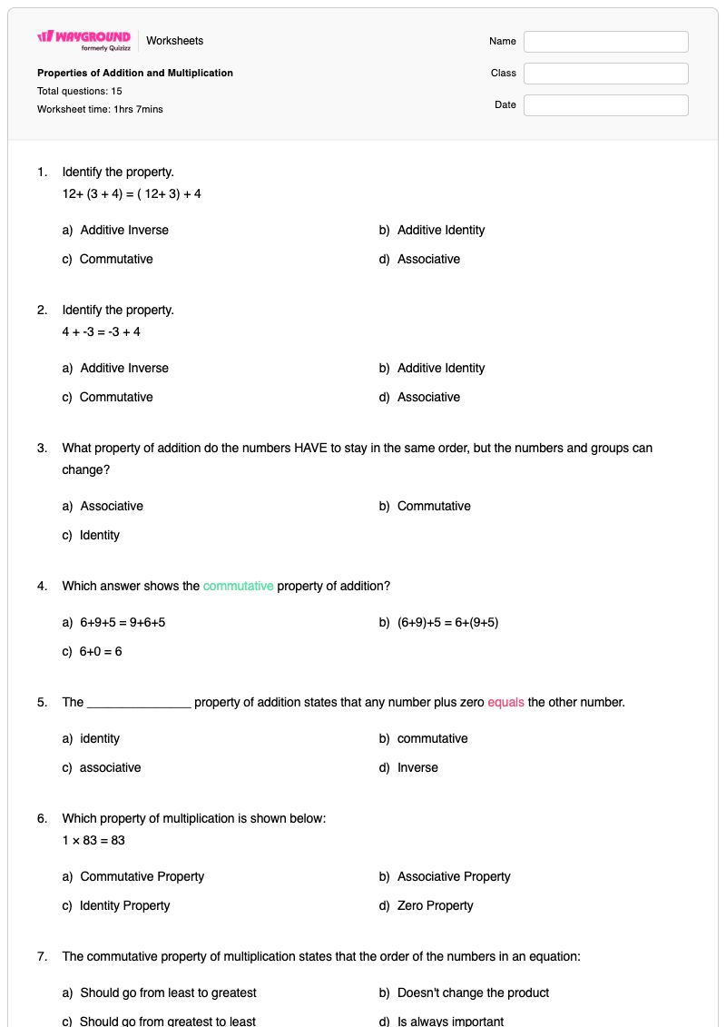 Properties of Addition and Multiplication - พิมพ์ได้ คุณสมบัติของการคูณ เวิร์กชีท - Wayground