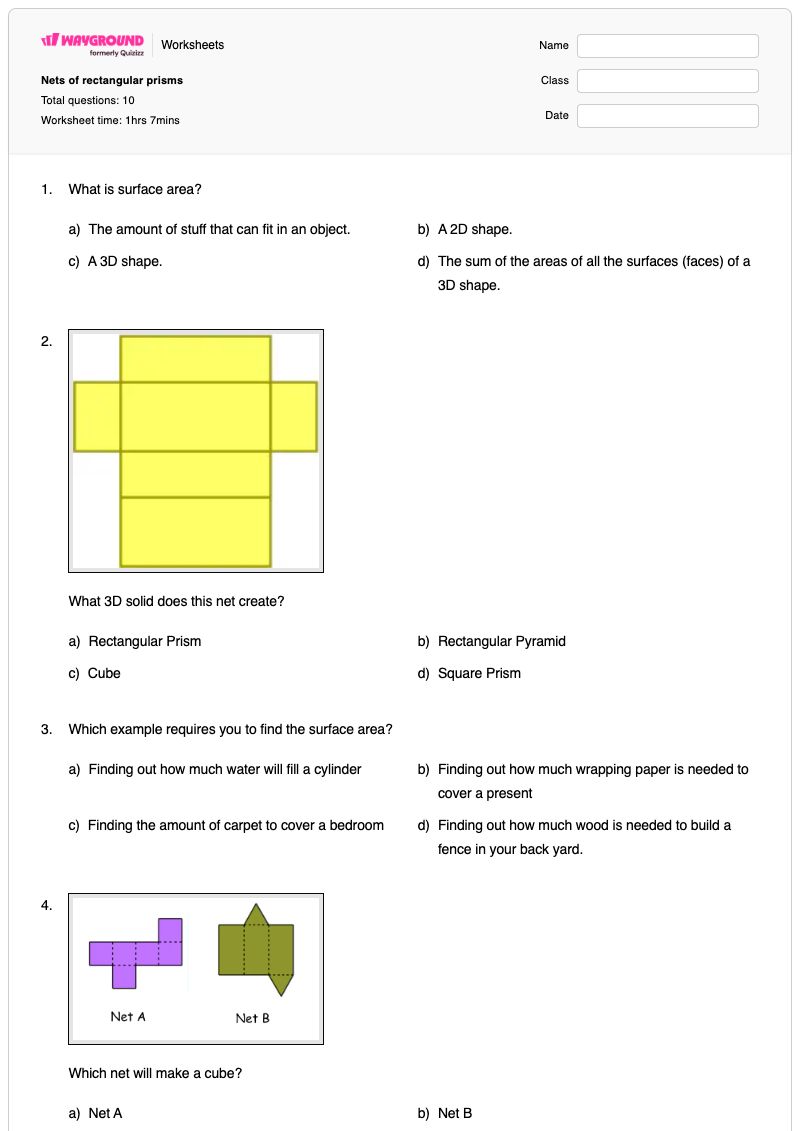 Nets of rectangular prisms - พิมพ์ได้ ปริซึมสี่เหลี่ยมผืนผ้า เวิร์กชีท - Wayground