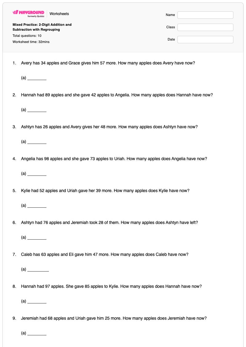 Mixed Practice: 2-Digit Addition and Subtraction with Regrouping - Printable Mixed-addition-and-subtraction Worksheets - Wayground