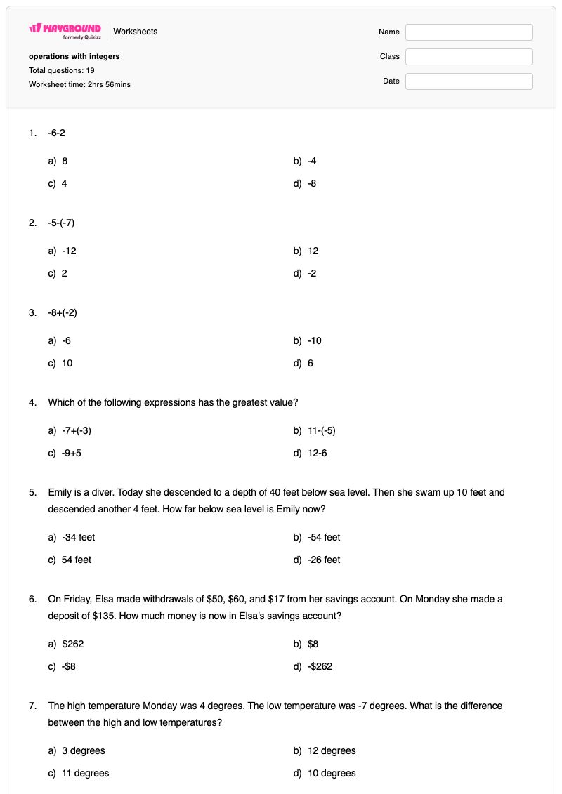 operations with integers - Printable Mixed-operations Worksheets - Wayground