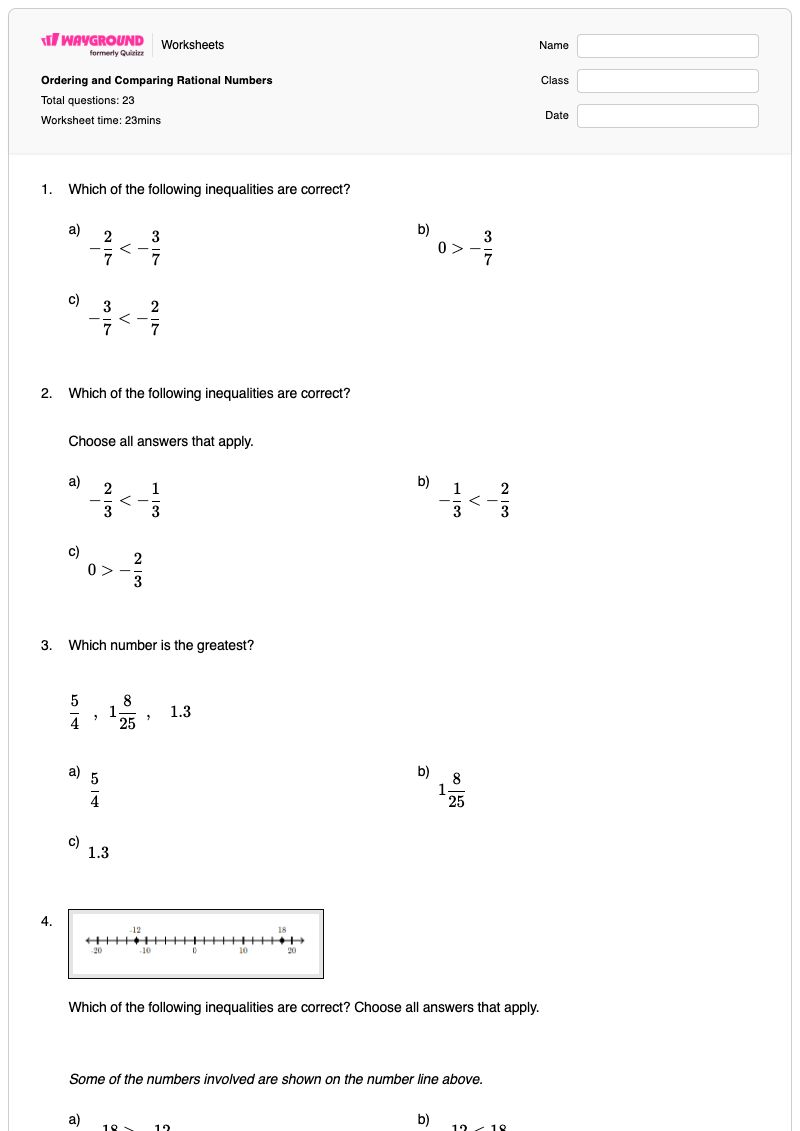 Ordering and Comparing Rational Numbers - พิมพ์ได้ การเปรียบเทียบจำนวนตรรกยะ เวิร์กชีท - Wayground