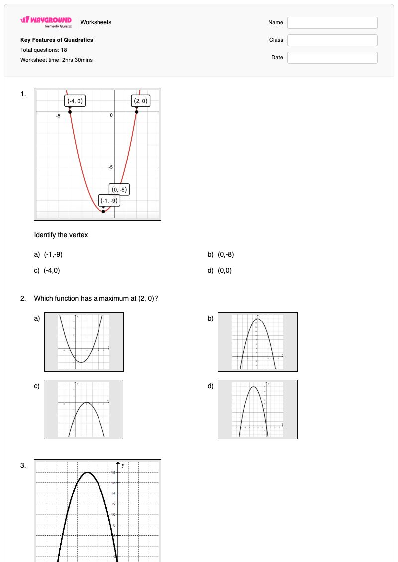 Key Features of Quadratics - Printable Key-features-of-graphs Worksheets Class 11 - Wayground