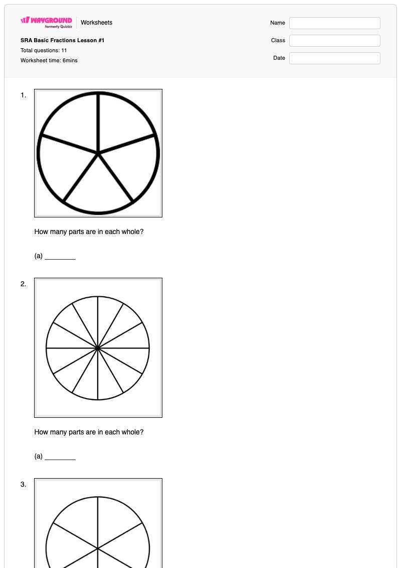 SRA Basic Fractions Lesson #1 - Printable Fractions-as-parts-of-a-whole Worksheets Year 1 - Wayground