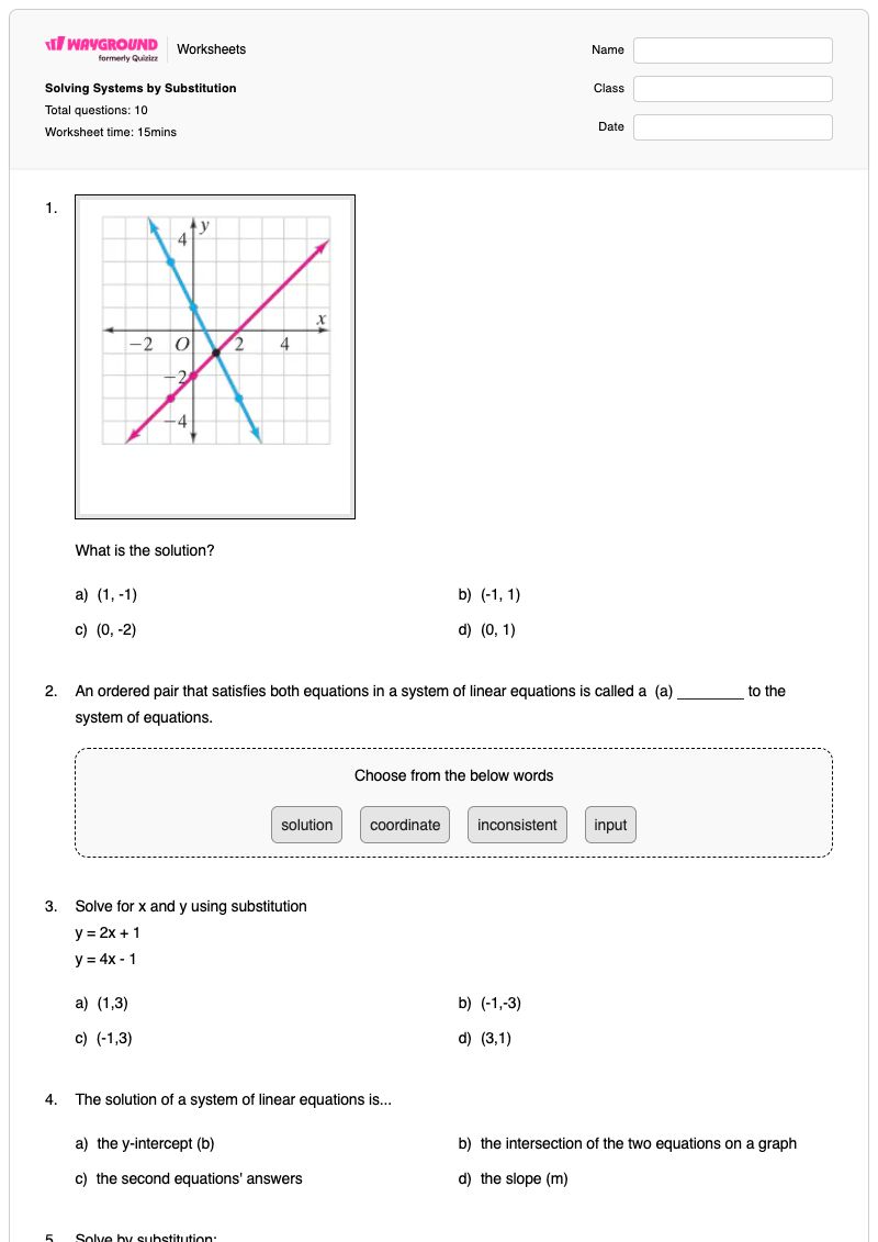 Solving Systems by Substitution - Printable Systems-of-equations Worksheets - Wayground
