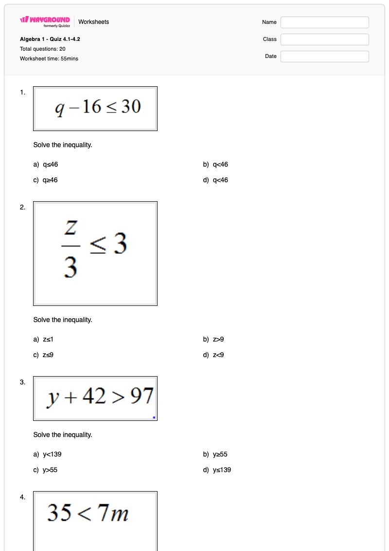 Algebra 1 - Quiz 4.1-4.2 - พิมพ์ได้ การแก้สมการอสมการ เวิร์กชีท - Wayground