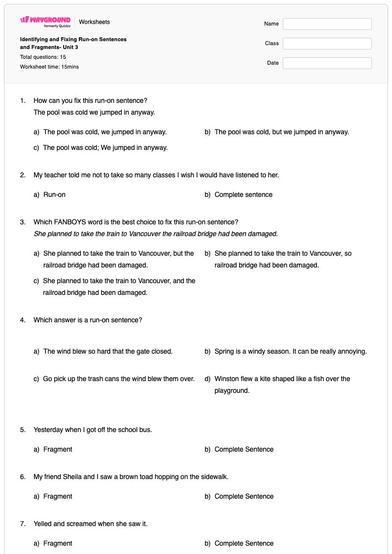 Identifying and Fixing Run-on Sentences and Fragments- Unit 3 - Printable Sentences-and-fragments Worksheets Class 5 - Wayground
