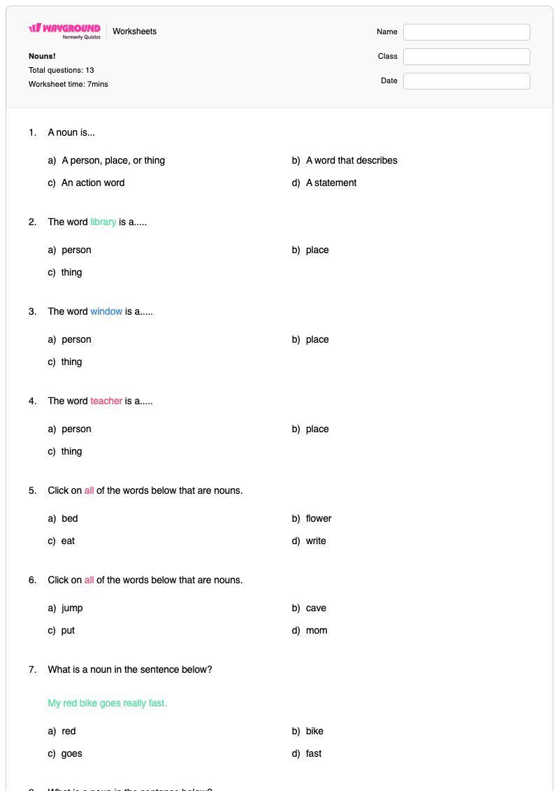 Nouns! - พิมพ์ได้ Word-recognition เวิร์กชีท ระดับ 2 - Wayground