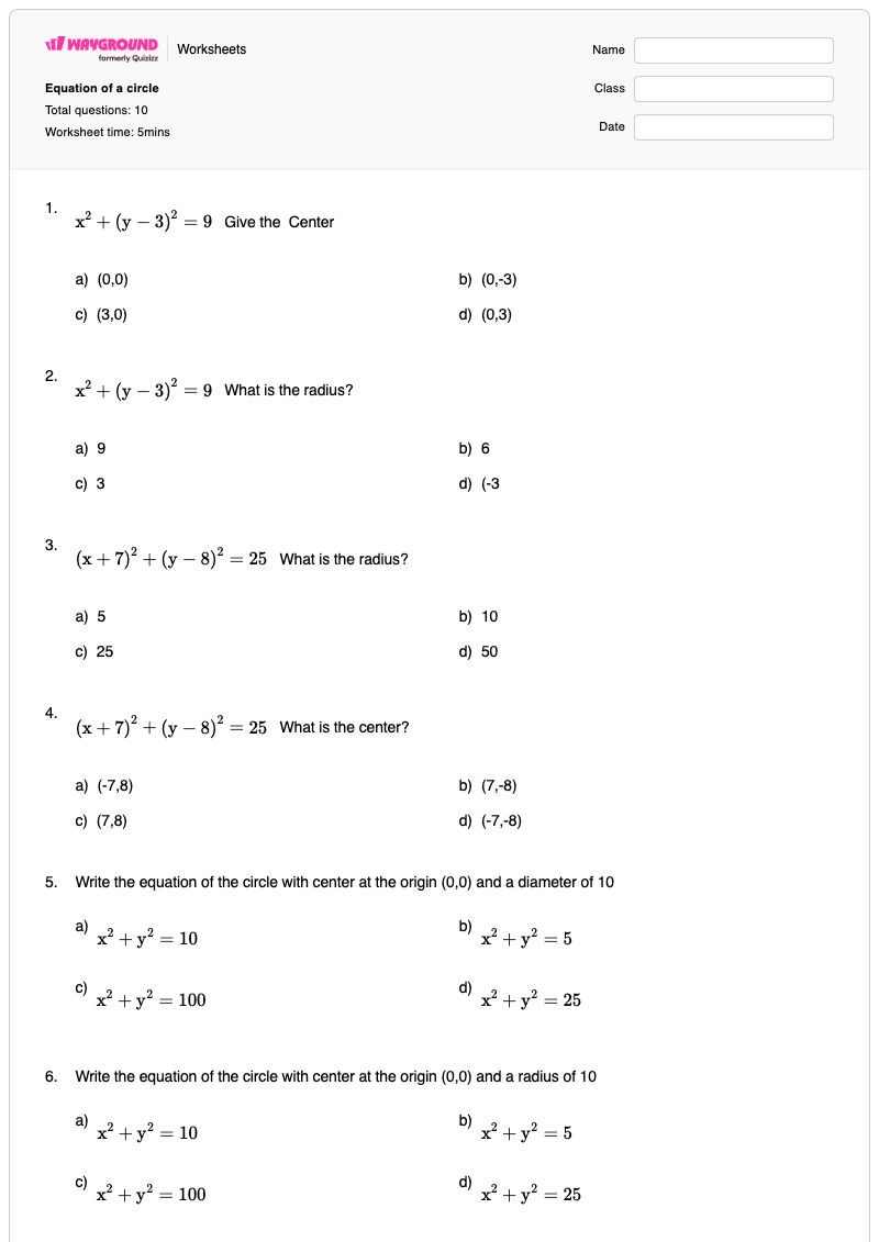 Equation of a circle - Printable Equation-of-a-circle Worksheets - Wayground