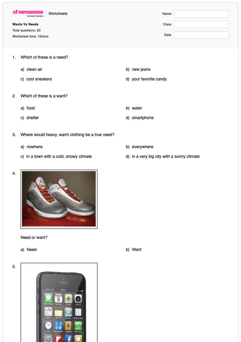 Wants Vs Needs - Printable Needs-and-wants Worksheets Year 5 - Wayground