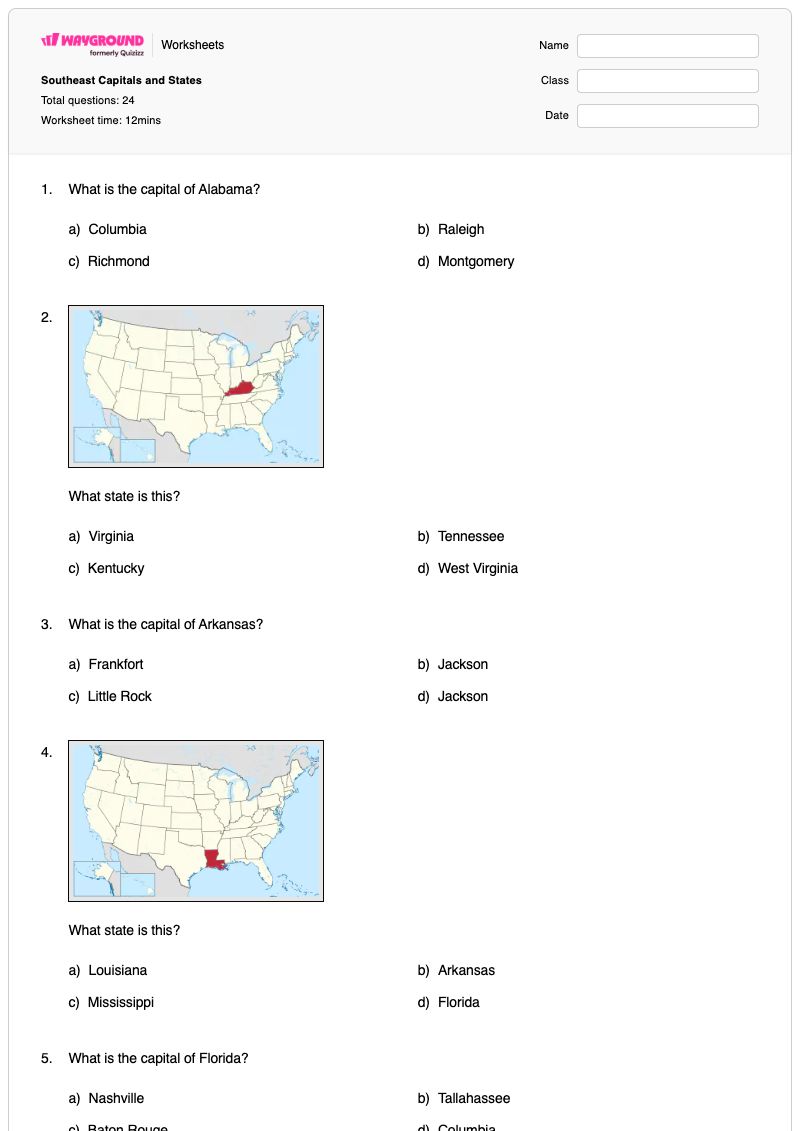 Southeast Capitals and States - Printable States-and-capitals Worksheets - Wayground