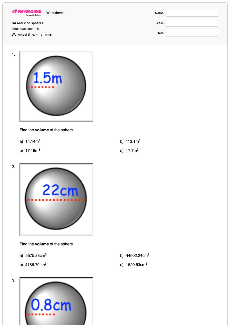SA and V of Spheres - Printable Volume-and-surface-area Worksheets - Wayground