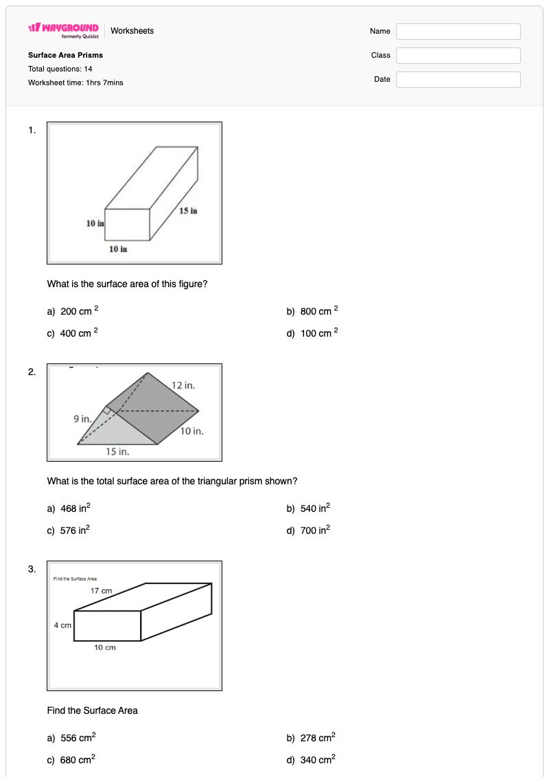 Surface Area Prisms - พิมพ์ได้ พื้นที่ด้านข้าง เวิร์กชีท - Wayground