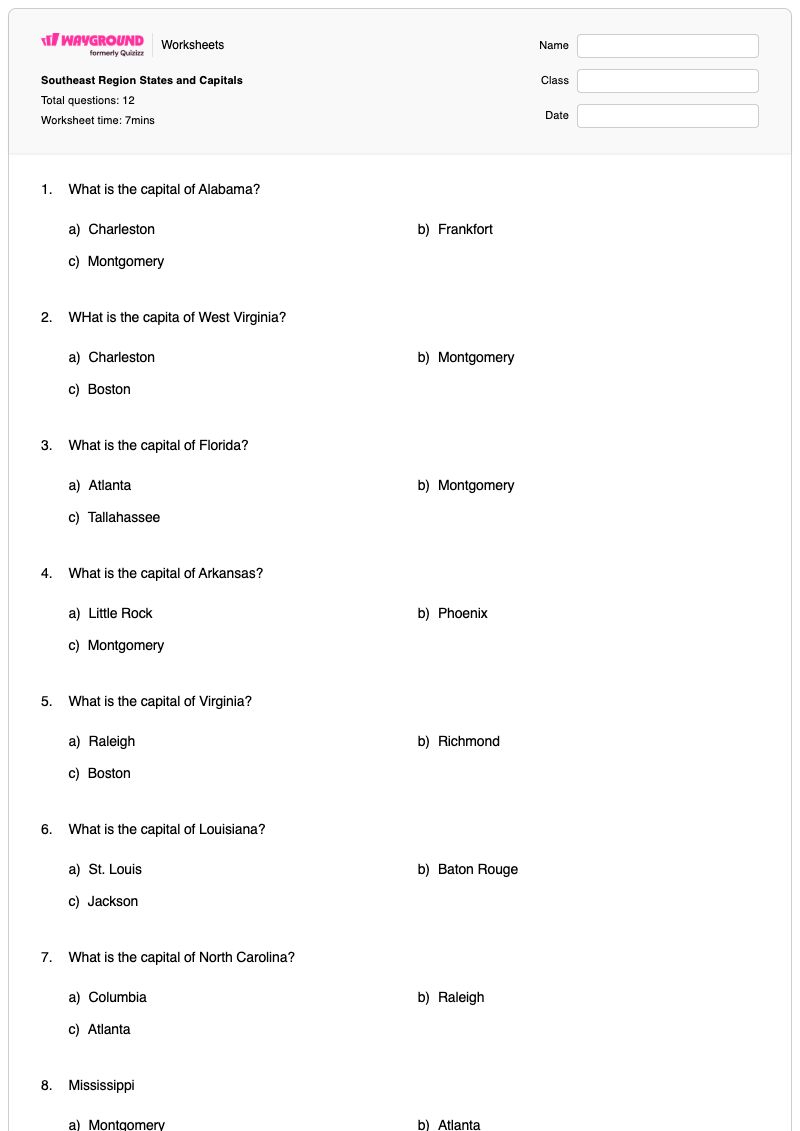 Southeast Region States and Capitals - Printable States-and-capitals Worksheets - Wayground