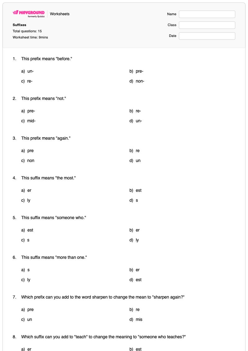 Suffixes  - Nadający się do druku Sufiksy Karty-pracy Klasa 3 - Wayground