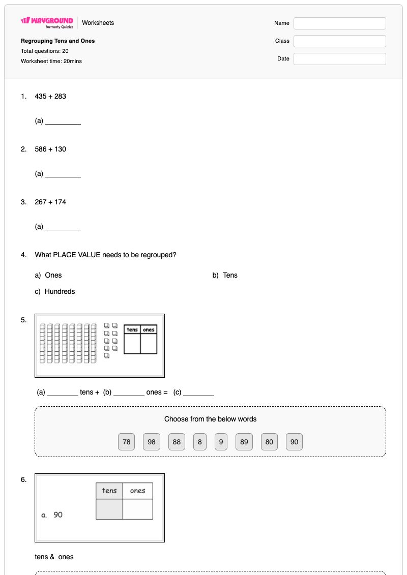 Regrouping Tens and Ones - Printable Place-value-and-regrouping Worksheets Class 2 - Wayground