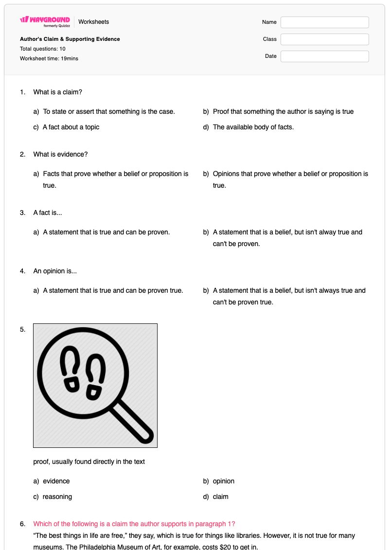 Author's Claim & Supporting Evidence - Printable Author-s-claim Worksheets Grade 6 - Wayground