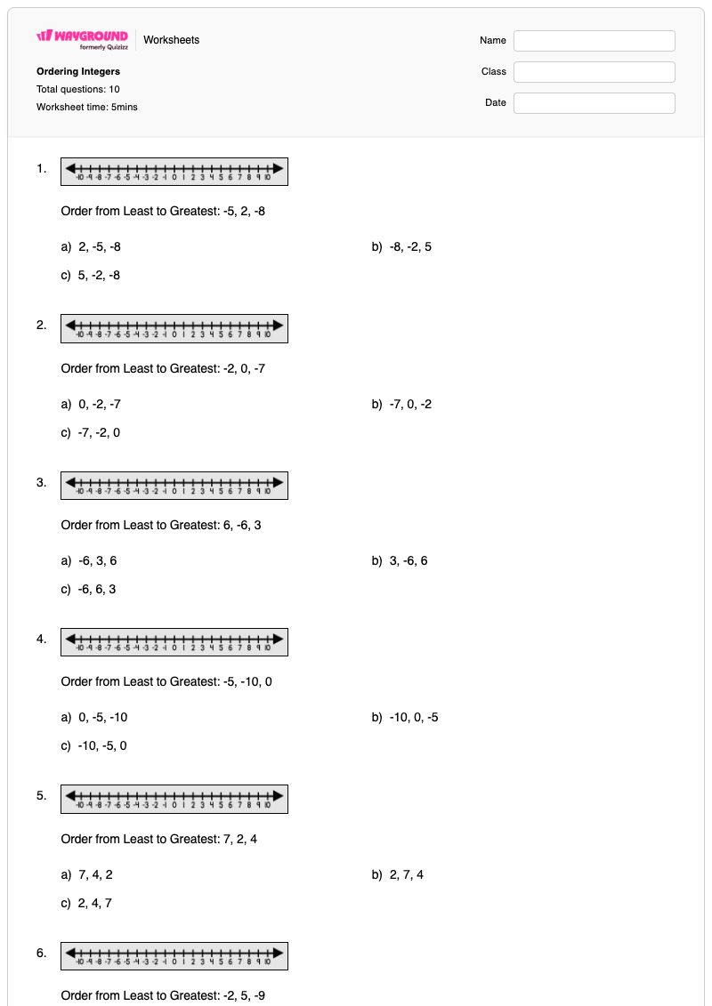 Ordering Integers - พิมพ์ได้ การเรียงลำดับจำนวนเต็ม เวิร์กชีท - Wayground