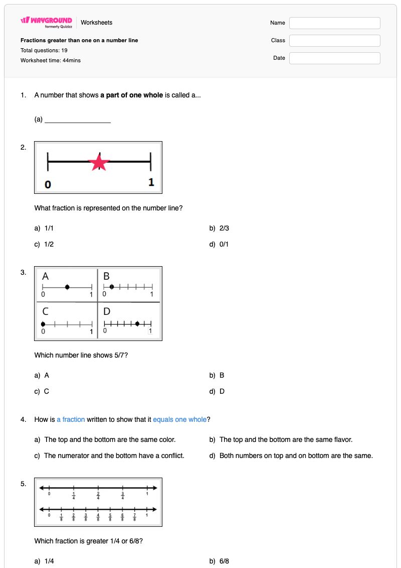 Fractions greater than one on a number line - Printable Fractions-on-a-number-line Worksheets - Wayground