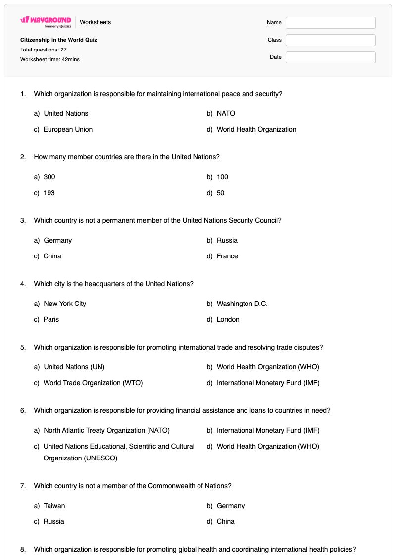 Citizenship in the World Quiz - Printable Citizenship Worksheets Year 11 - Wayground