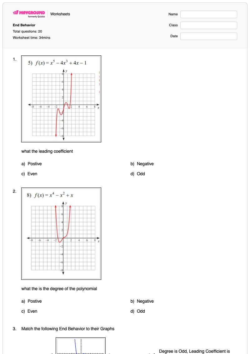 End Behavior - Printable End-behavior-of-polynomials Worksheets - Wayground