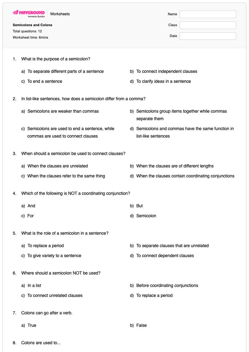 Semicolons and Colons - พิมพ์ได้ เครื่องหมายโคลอน เวิร์กชีท ระดับ 9 - Wayground