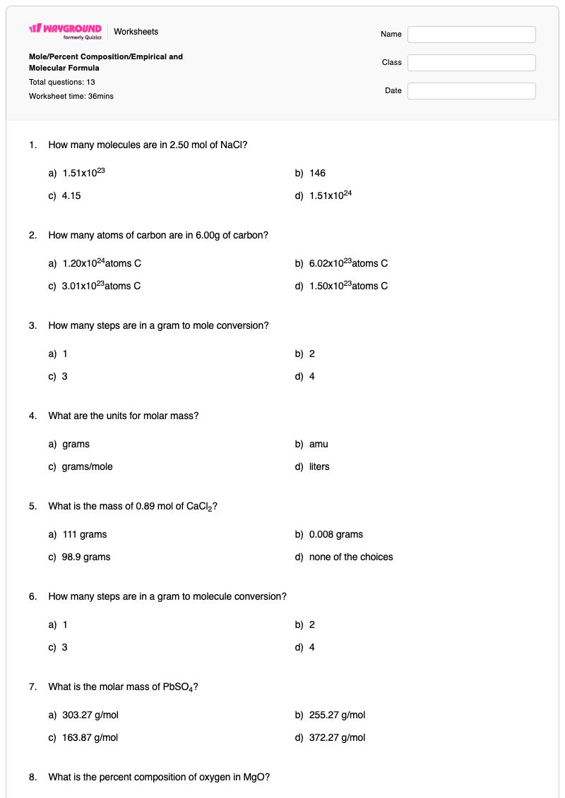 Mole/Percent Composition/Empirical and Molecular Formula - พิมพ์ได้ องค์ประกอบร้อยละโดยมวล เวิร์กชีท - Wayground