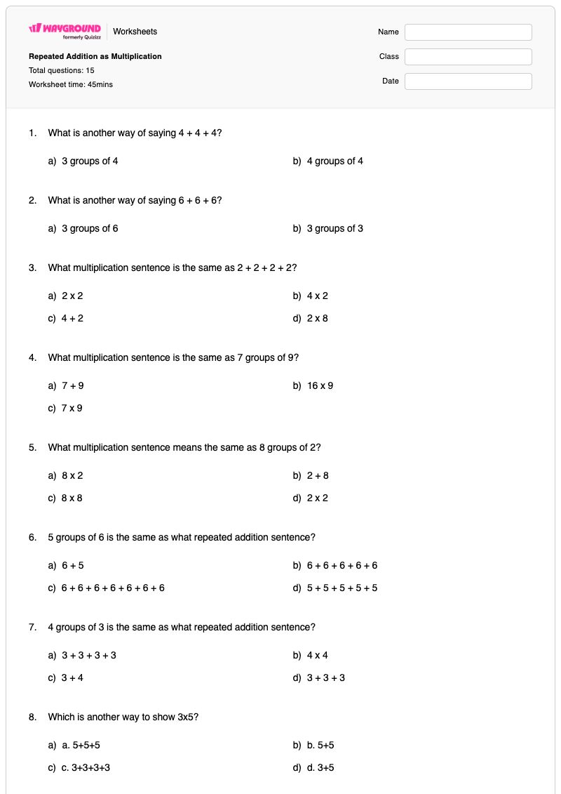 Repeated Addition as Multiplication - Printable Multiplication-and-repeated-addition Worksheets Grade 3 - Wayground