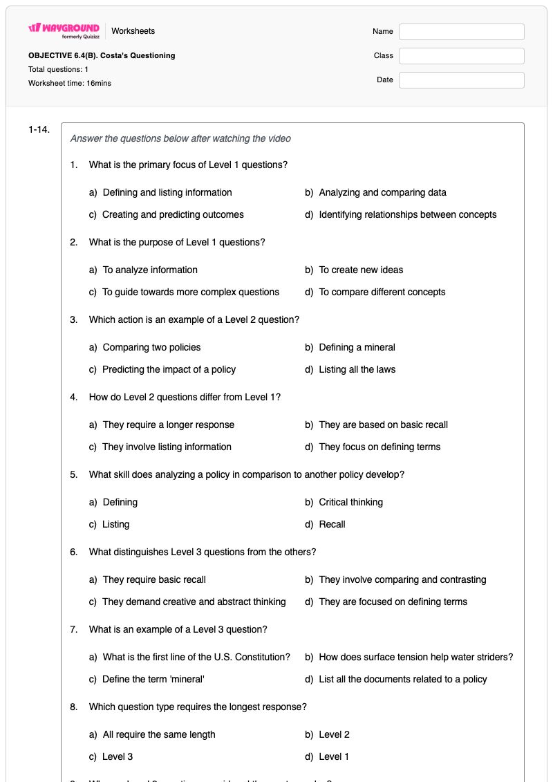 OBJECTIVE 6.4(B). Costa's Questioning - Printable Identifying-stressors Worksheets Grade 6 - Wayground