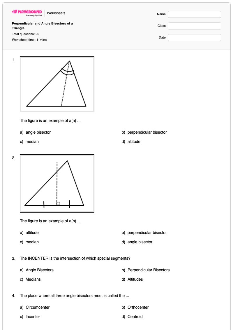 Perpendicular and Angle Bisectors of a Triangle - พิมพ์ได้ Angle-bisector เวิร์กชีท - Wayground
