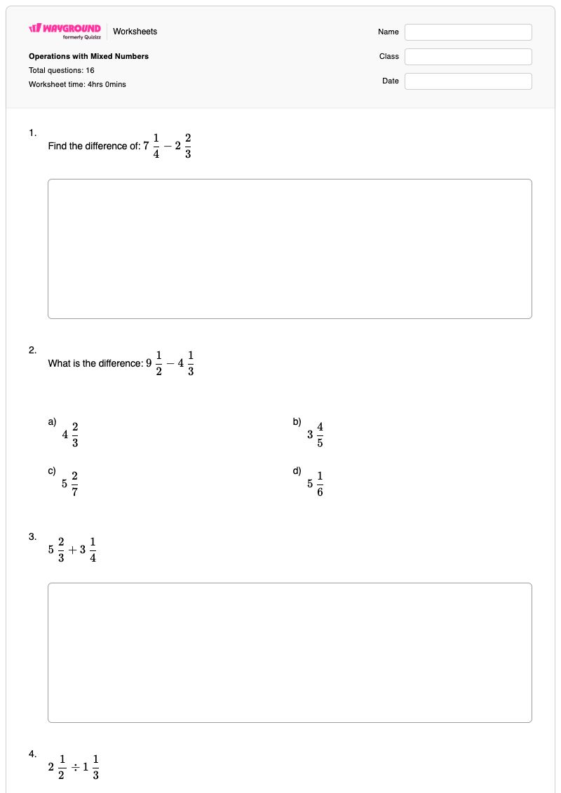 Operations with Mixed Numbers - Printable Mixed-operations Worksheets - Wayground