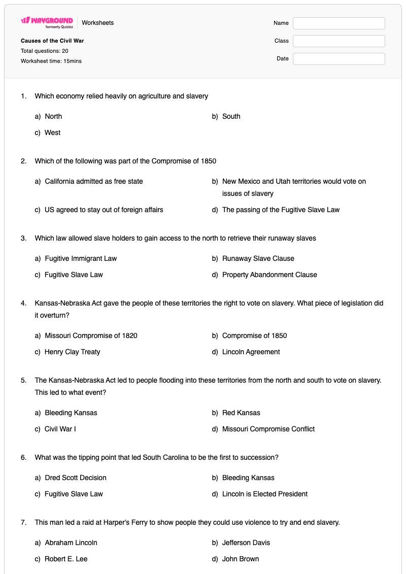 Causes of the Civil War - Printable Abraham-lincoln Worksheets Grade 5 - Wayground