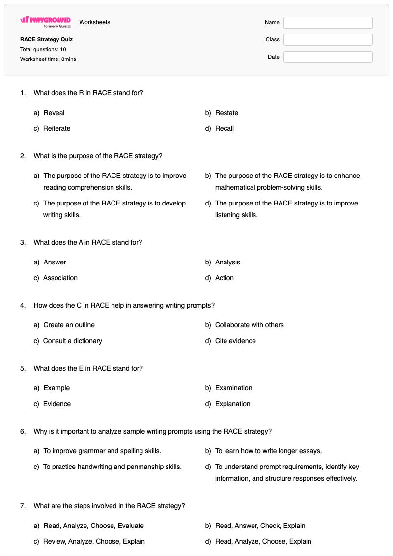 RACE Strategy Quiz - พิมพ์ได้ Copying-practice เวิร์กชีท ระดับ 4 - Wayground