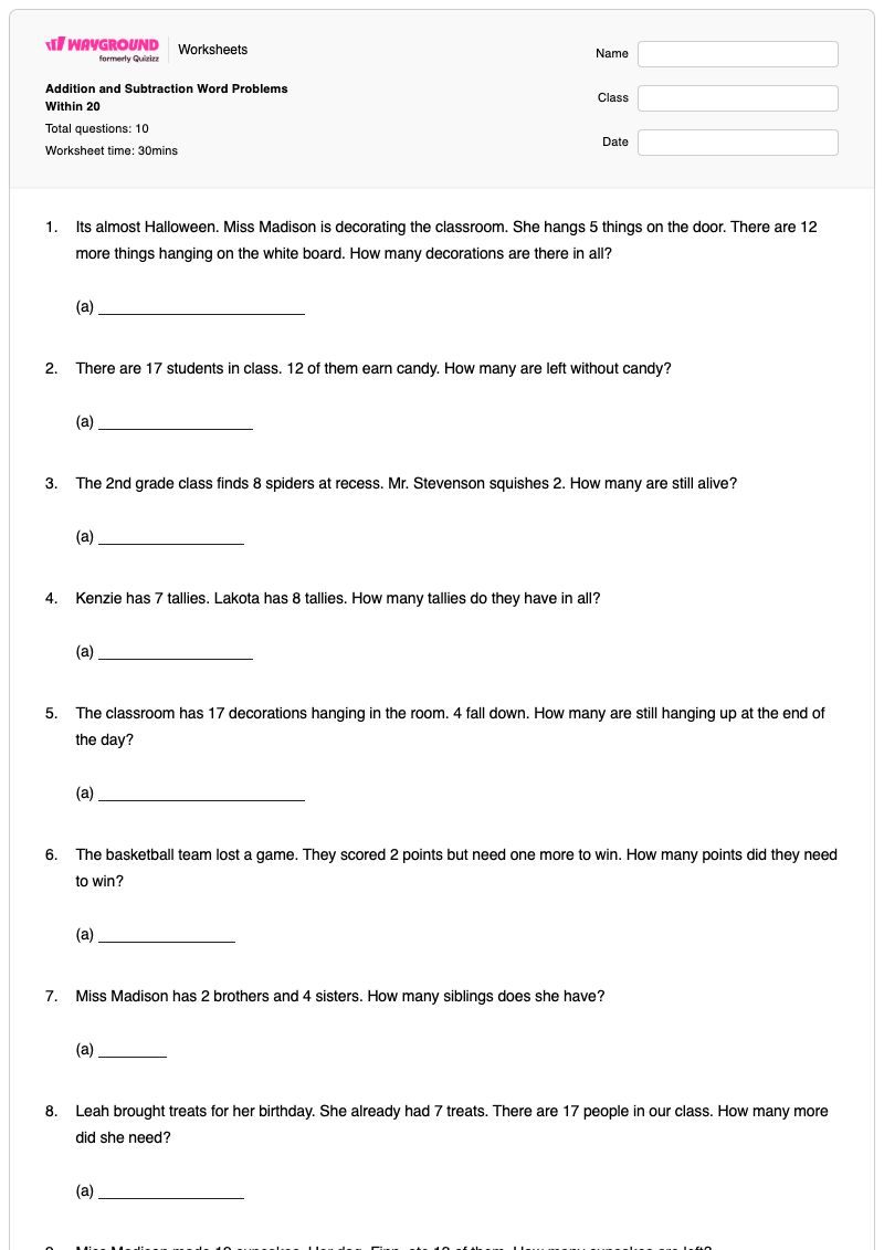 Addition and Subtraction Word Problems Within 20 - พิมพ์ได้ โจทย์ปัญหาเกี่ยวกับการลบ เวิร์กชีท - Wayground