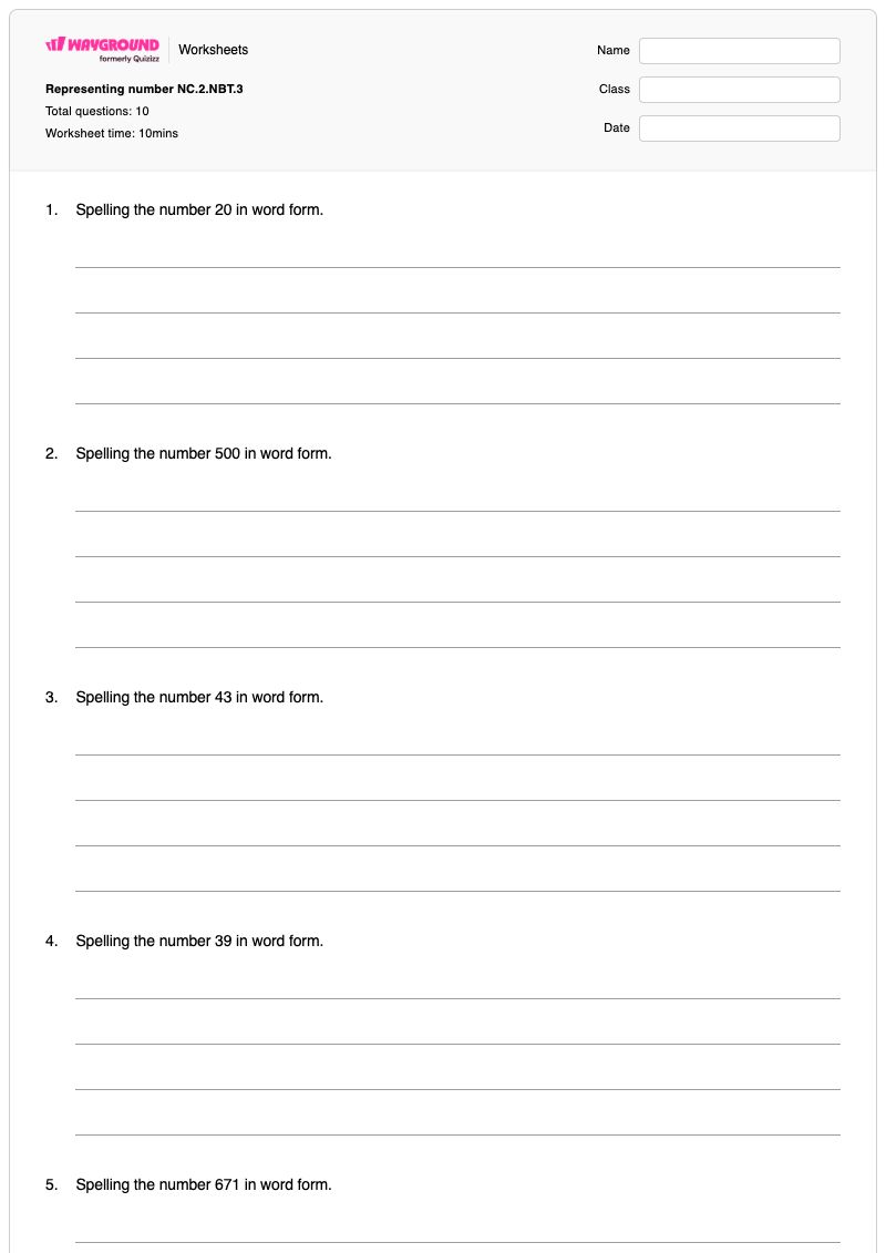 Representing number NC.2.NBT.3 - Printable Writing-numbers-in-words Worksheets - Wayground