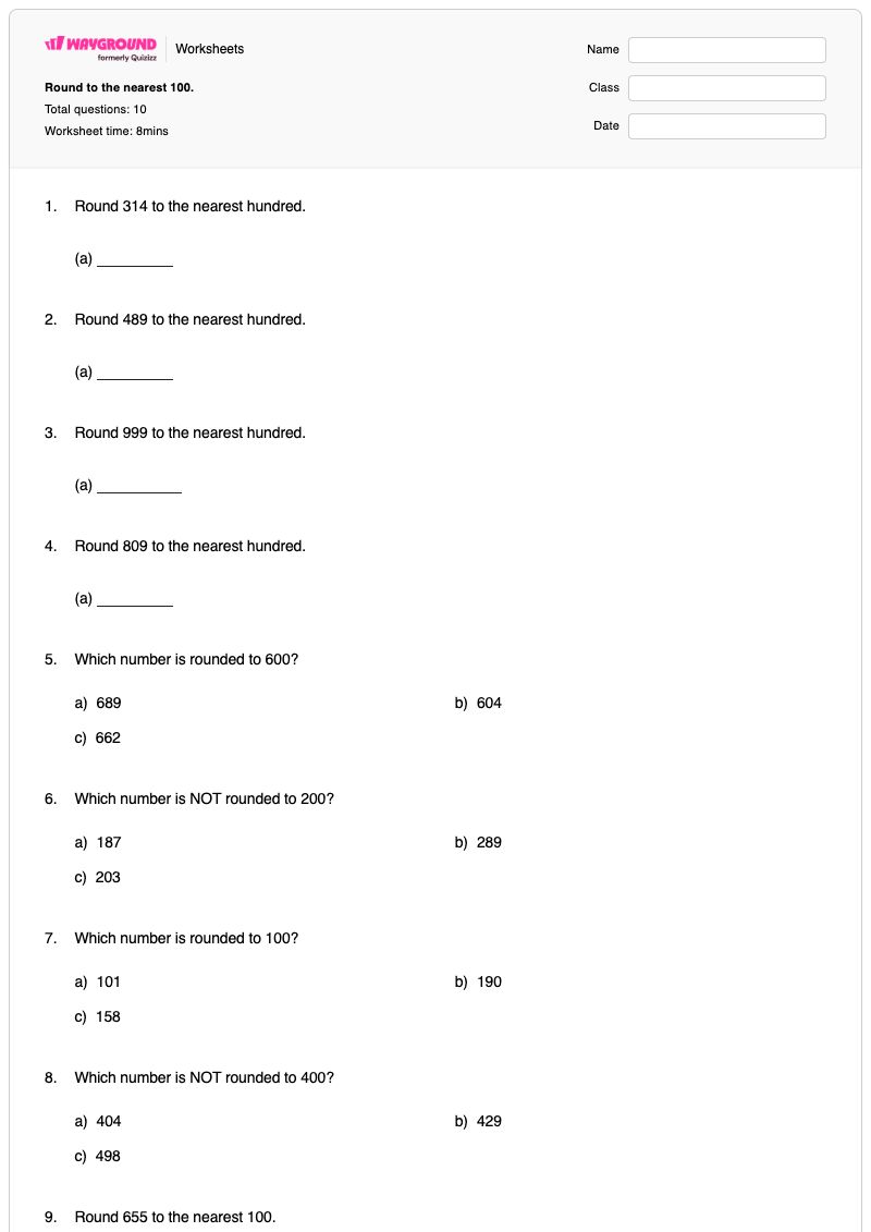 Round to the nearest 100. - Printable Hundreds-charts Worksheets Grade 3 - Wayground