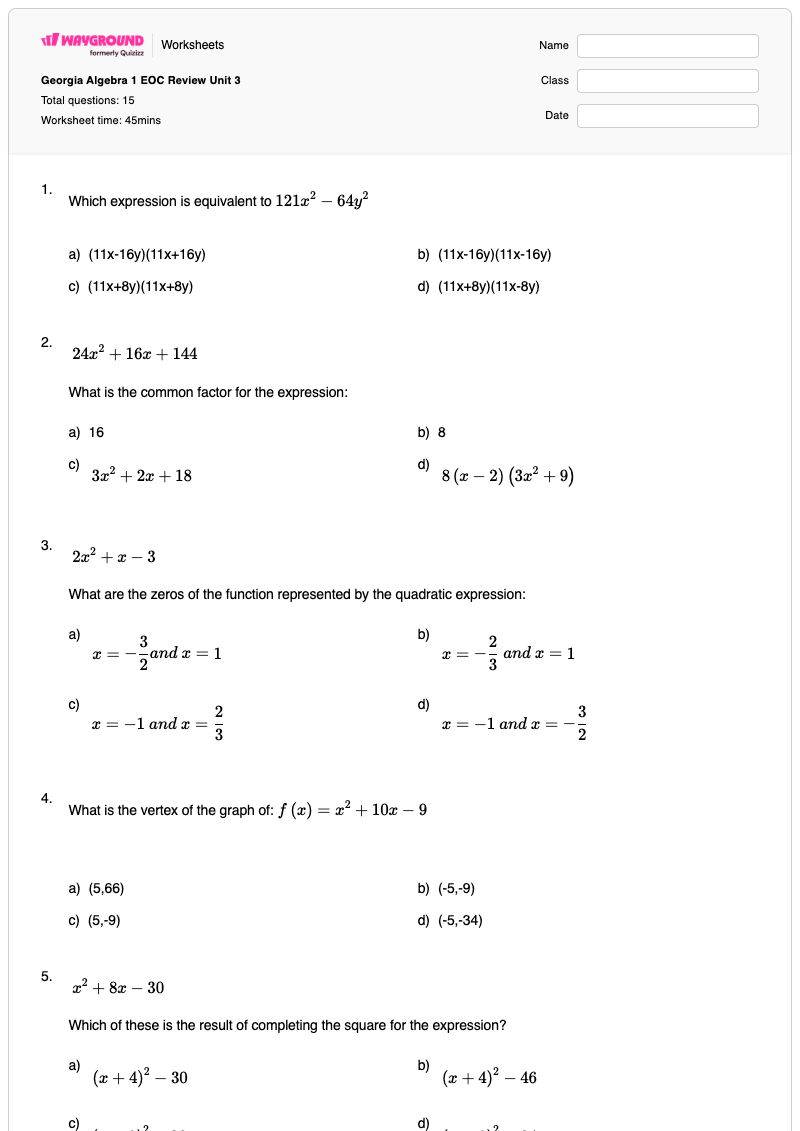 Georgia Algebra 1 EOC Review Unit 3 - พิมพ์ได้ การทำให้เป็นกำลังสองสมบูรณ์ เวิร์กชีท - Wayground