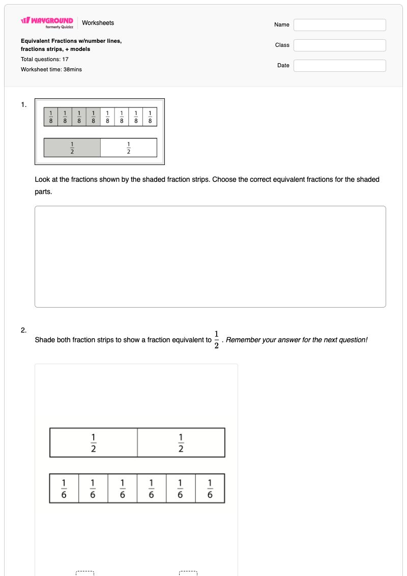 Equivalent Fractions w/number lines, fractions strips, + models - Printable Letters-and-numbers Worksheets Grade 3 - Wayground