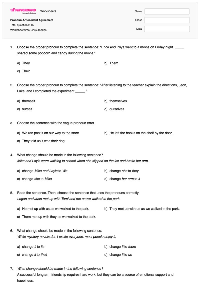 Pronoun-Antecedent Agreement - Printable Pronoun-subject-agreement Worksheets Grade 7 - Wayground