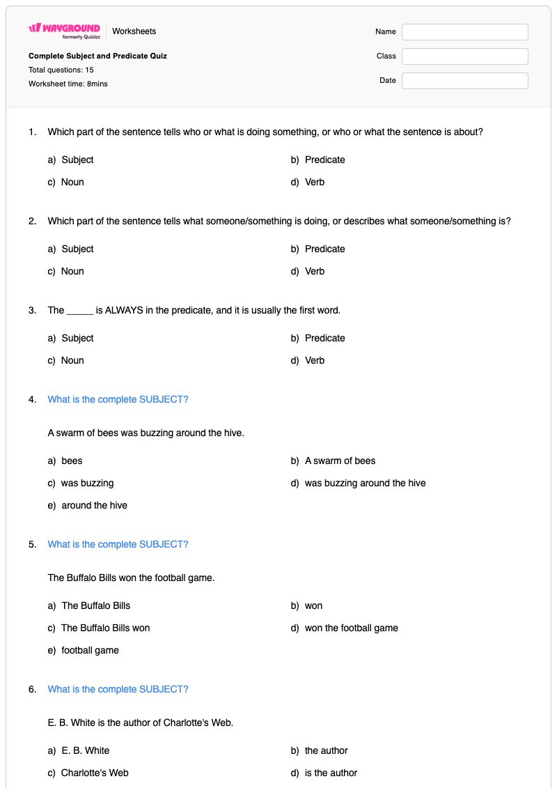 Complete Subject and Predicate Quiz - พิมพ์ได้ ประธานและกริยา เวิร์กชีท ระดับ 7 - Wayground