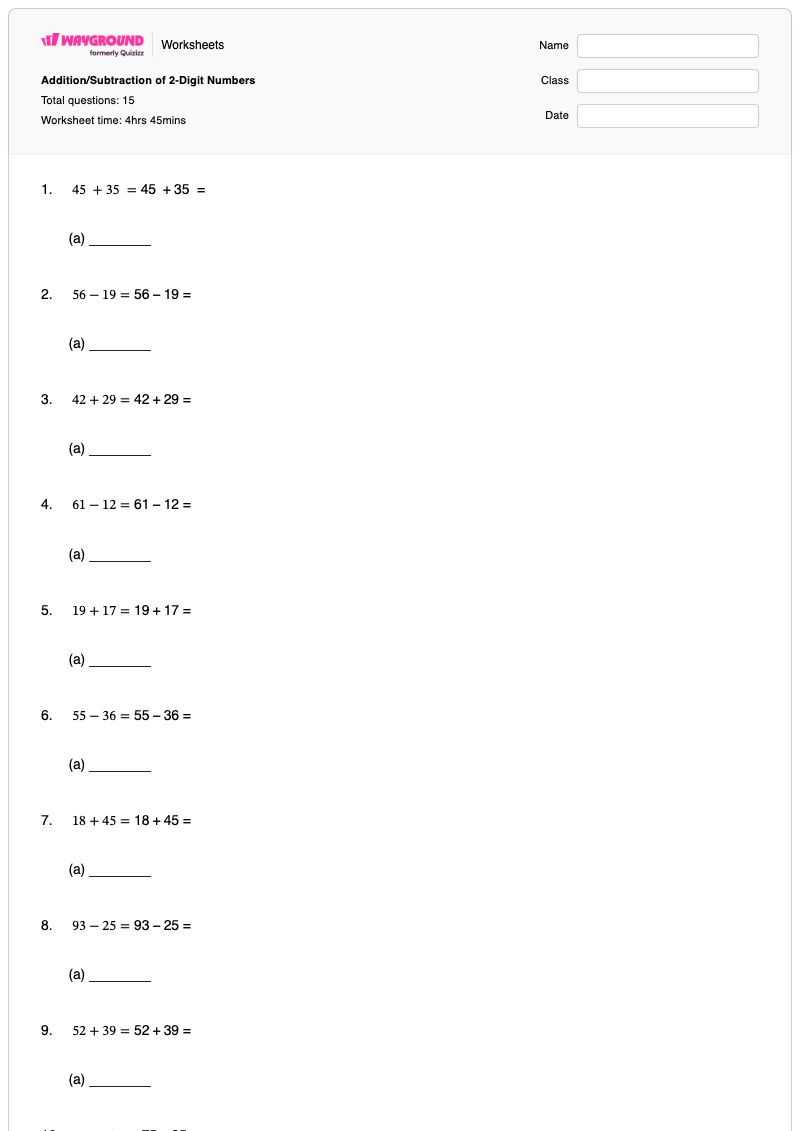 Addition/Subtraction of 2-Digit Numbers - Printable Subtraction Worksheets - Wayground