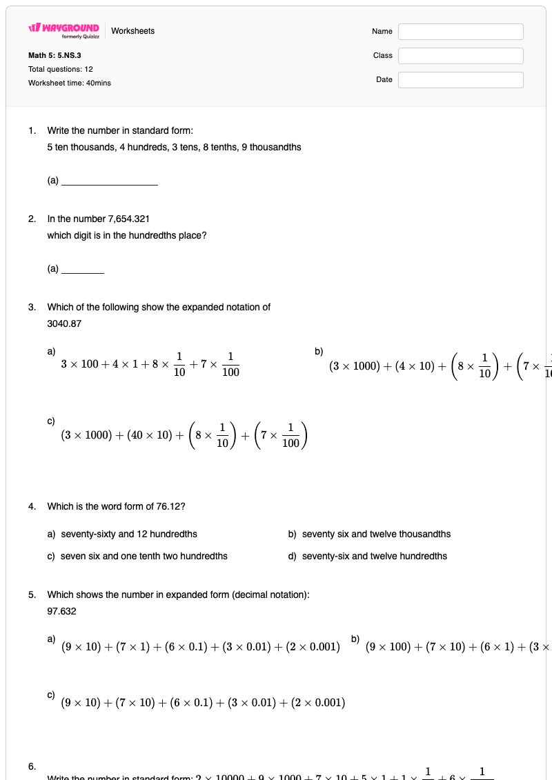 Math 5: 5.NS.3  - พิมพ์ได้ รูปแบบคำ เวิร์กชีท - Wayground