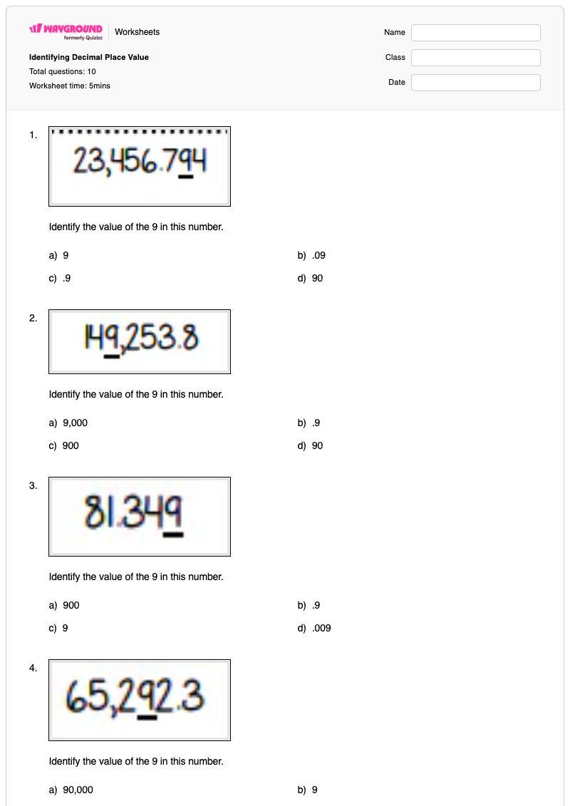 Identifying Decimal Place Value  - พิมพ์ได้ ค่าประจำหลักทศนิยม เวิร์กชีท - Wayground