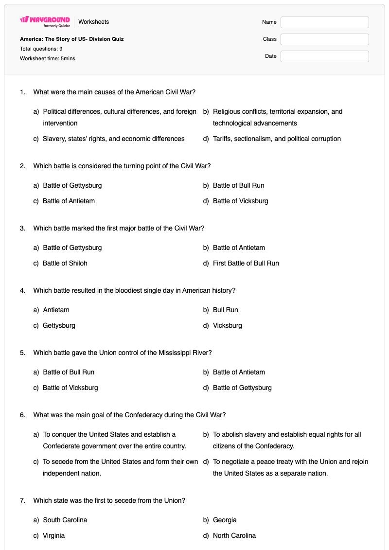 America: The Story of US- Division Quiz - Printable Division Worksheets - Wayground