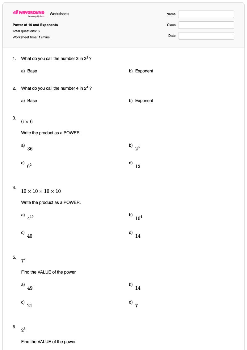 Power of 10 and Exponents - Printable Powers-of-10 Worksheets - Wayground