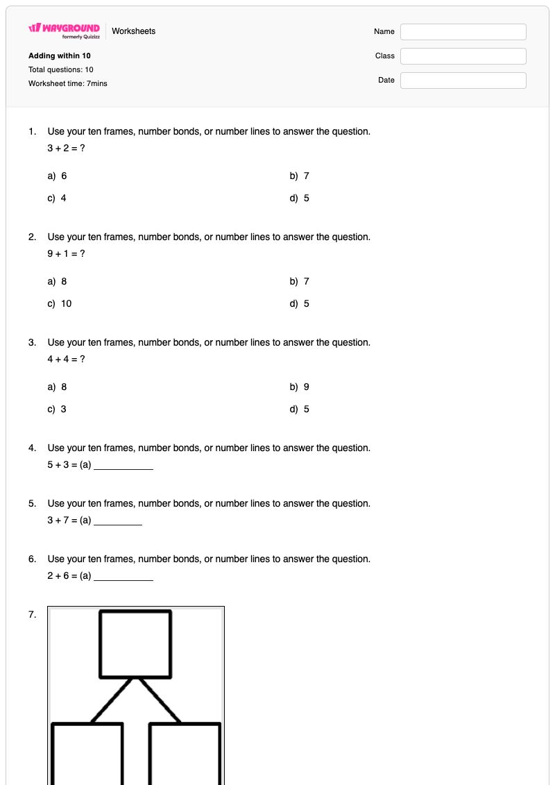Adding within 10 - Printable Bonds-to-5 Worksheets Grade 1 - Wayground