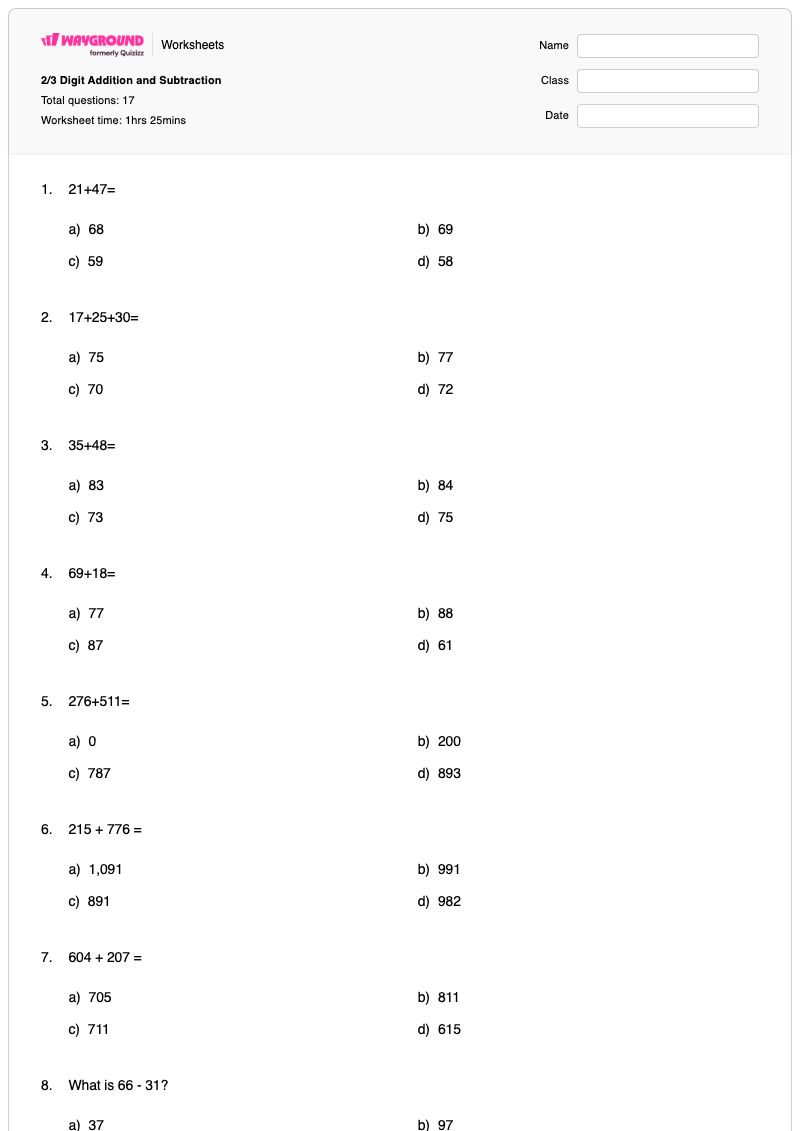 2/3 Digit Addition and Subtraction - พิมพ์ได้ Adding-three-single-digit-numbers เวิร์กชีท ระดับ 2 - Wayground